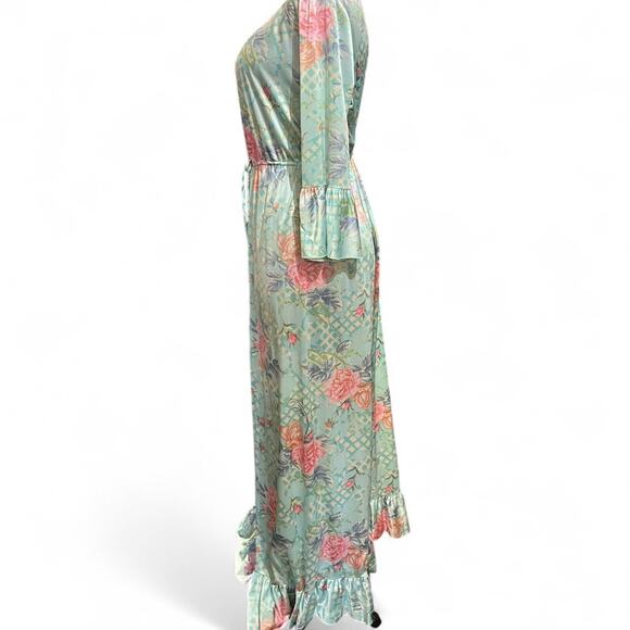 Vintage Vanity Fair blue pink floral robe lingerie ruffled sleeves hem size s - Picture 3 of 6